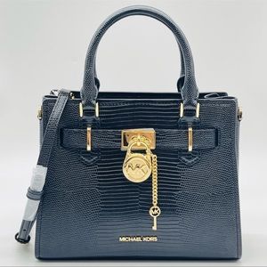 Michael Kors Hamilton Satchel Crossbody Bag Black Leather Snake Skin